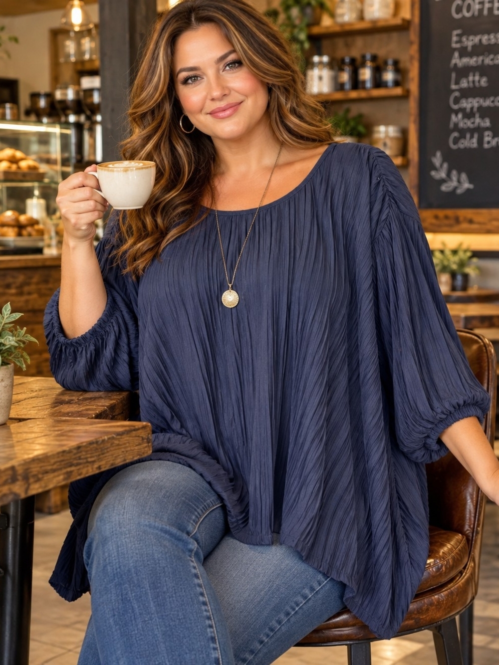 Wonderly Women’s 4X NWT Navy Blue Pleated Flowy 3/4 Sleeve Blouse